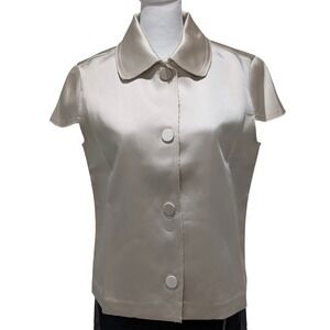 Jason Wu NWT Cream Satin Snap‎ Button Front Cap Sleeve Blouse Raw Edge Size S